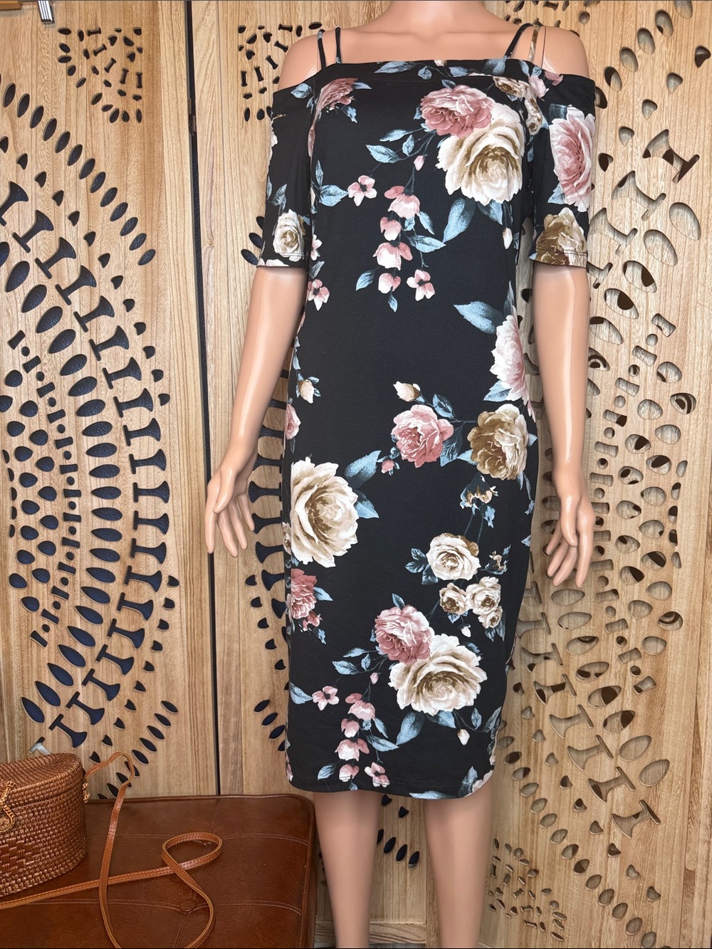 Off-Shoulder Floral Midi Dress in Black